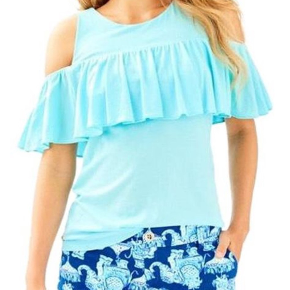 Lilly Pulitzer blue off shoulder ruffle top